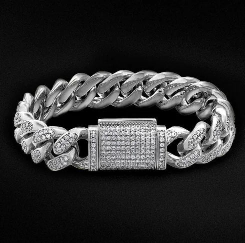 Flooded Diamond Cuban Link Bracelet in White Gold